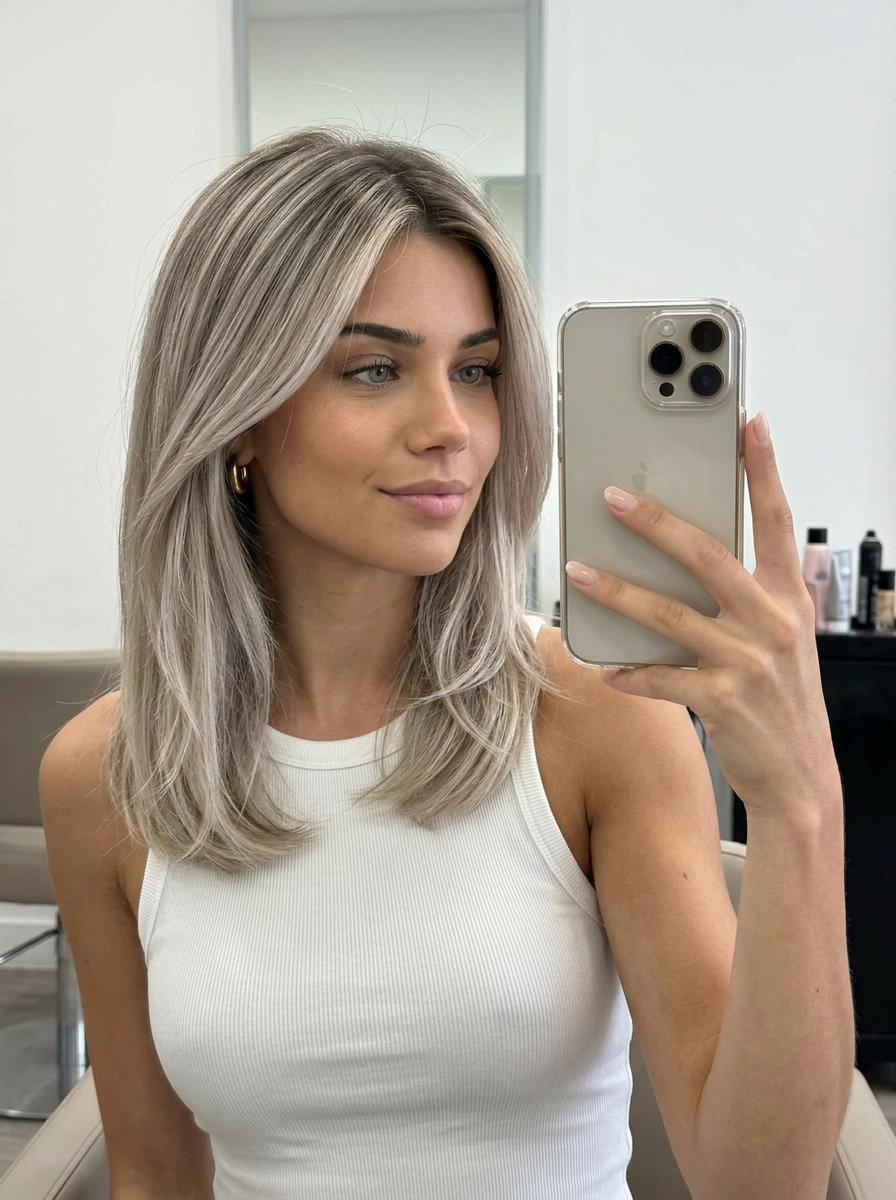 long smoky pearl blonde color melt with cool beige and silver tones, root smudge for romantic, ethereal look