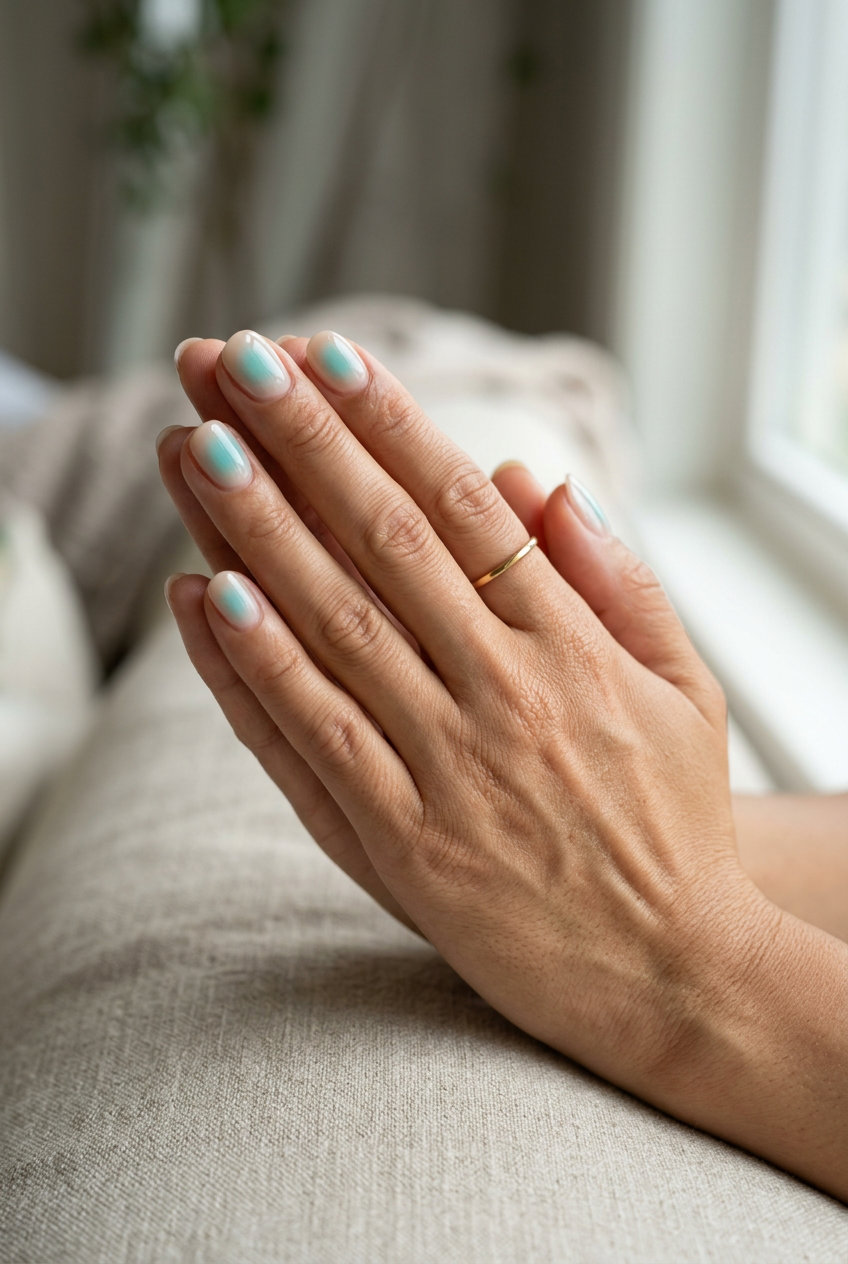 Aqua Aura Short Round Nails 2026 Aqua Aura Short Round Glow nails for solid summer nails 2026. Whimsical & ethereal.