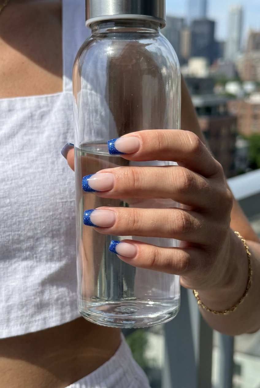 Cobalt Glitter French Tip Nails 2026 Cobalt glitter French tip short square nails for summer parties. Glamorous solid summer nails 2026.