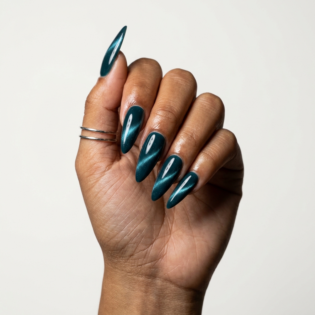 Deep Teal Cat-Eye Stiletto Nails 2026 Deep Teal Cat-Eye Stiletto nails for solid summer nails 2026. Sultry & mysterious.