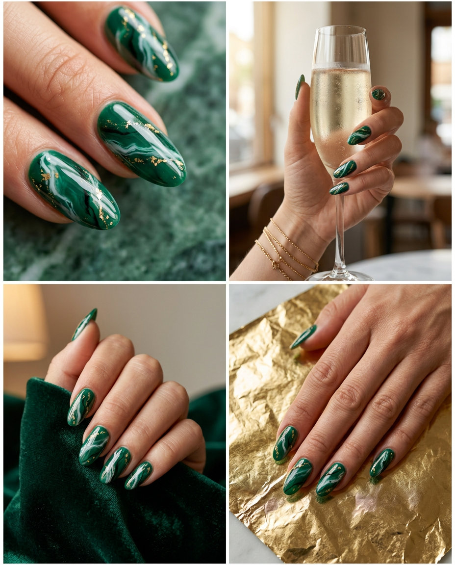 Emerald City Marble Nails 2026 | Luxurious Formal Event Style Emerald city marble nails with gold accents for formal events, a luxurious solid summer nails 2026.