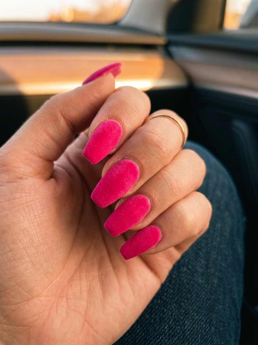 Hot Pink Velvet Matte Nails 2026: Glamorous Party Style Sultry hot pink velvet matte nails for parties and summer nights out in 2026. Glamorous, bold style.