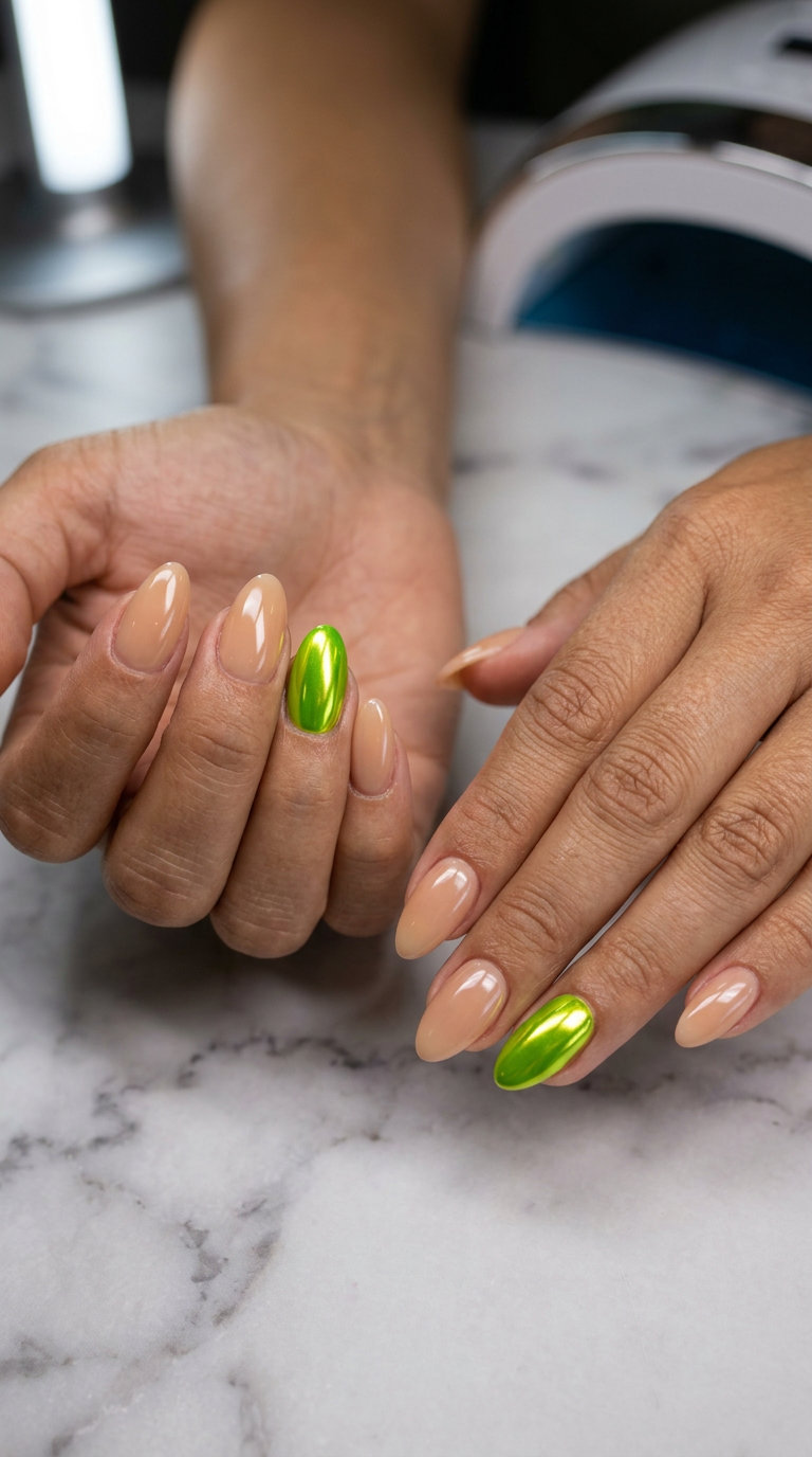 Lime Chrome Accent Nails 2026 | Playful Summer Festival Look Lime chrome accent nails with nude base for summer festivals, a playful solid summer nails 2026 trend.