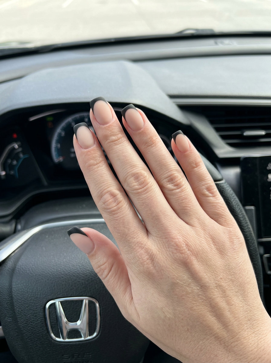 Matte Black French Tip Nails 2026 Matte black French tip medium squoval nails for edgy date night outfits. Solid summer nails 2026 inspiration.
