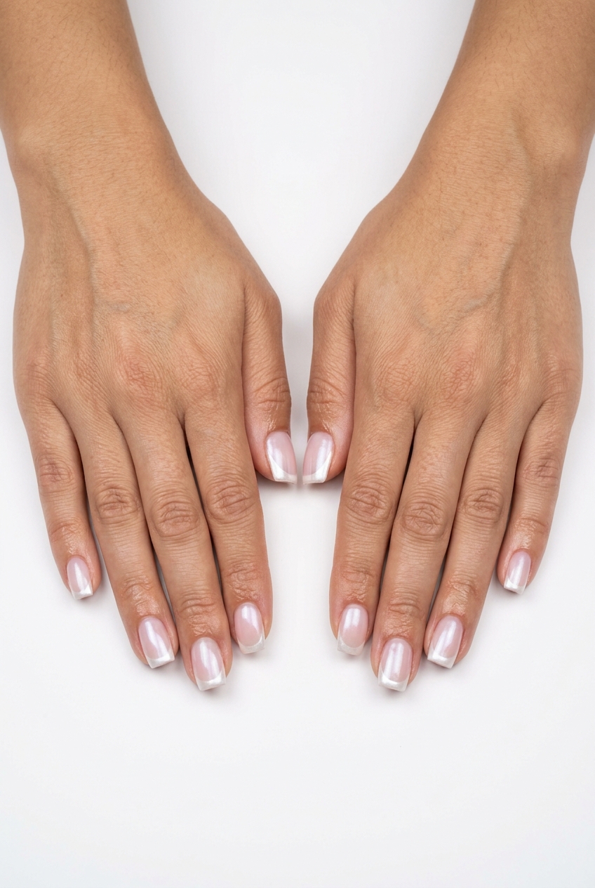 Pearlescent White French Nails 2026 Pearlescent White Micro French Medium Square nails for solid summer nails 2026. Elegant & clean.