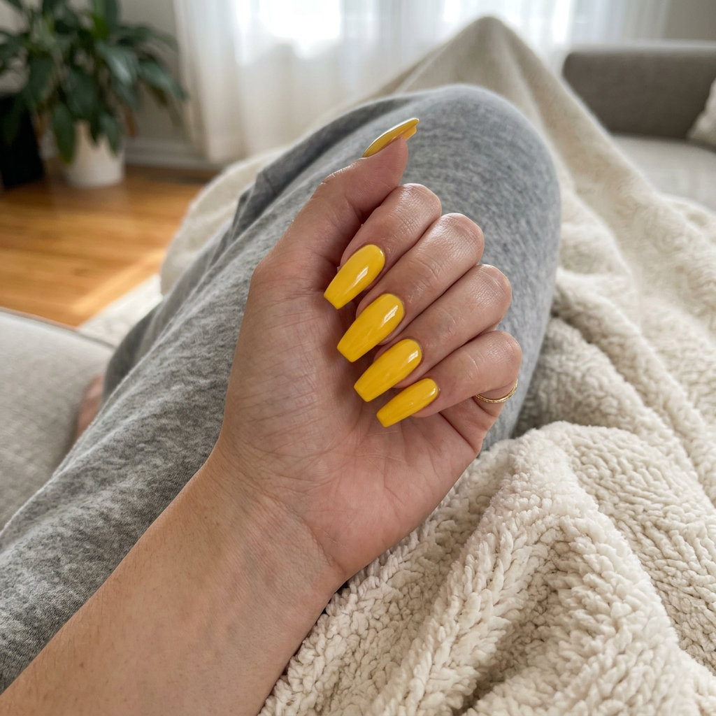 Sunny Yellow Coffin Nails 2026 | Cheerful Summer Vacation Style Sunny yellow glossy coffin nails for summer vacation, a cheerful solid summer nails 2026.