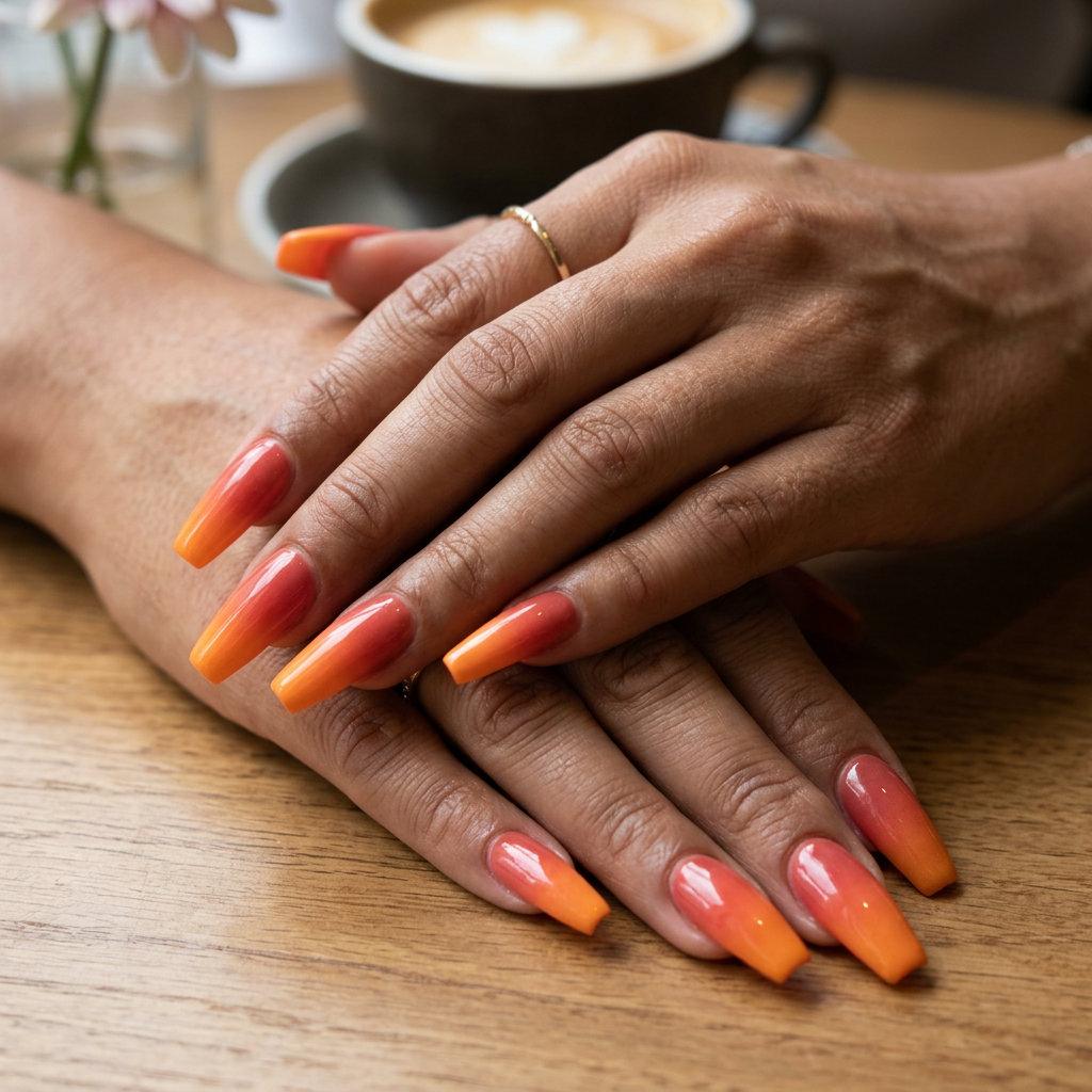 Sunset Ombre Nails 2026: Vibrant Festival Style Vibrant sunset ombre long coffin nails for summer vacation and festivals in 2026. Bohemian, energetic style.