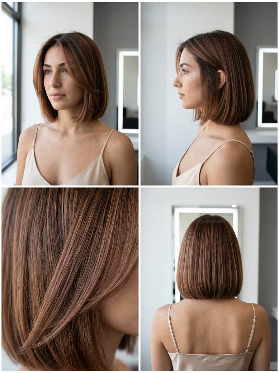 chin-length blunt bob spiced chai auburn with balayage and internal layers for professional events