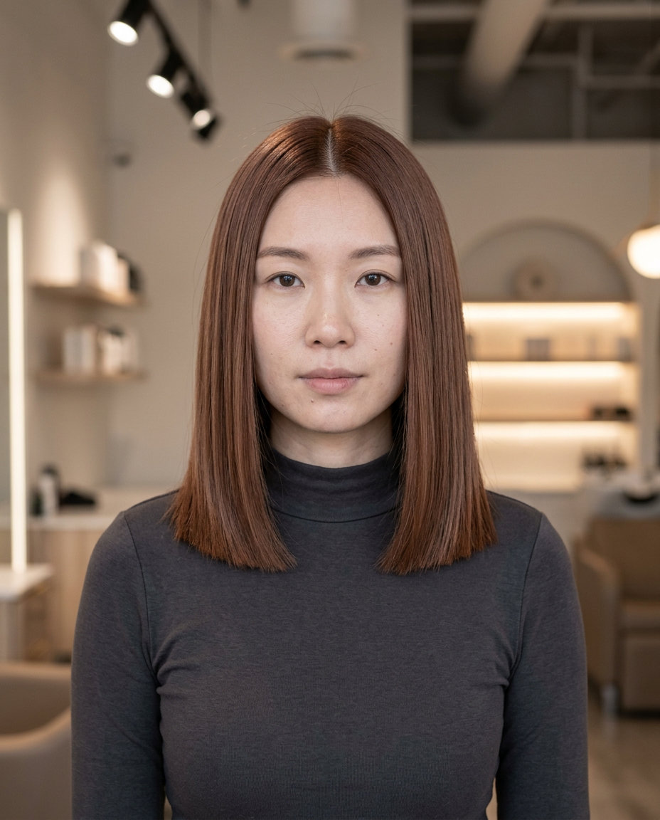 collarbone length blunt cut with spiced chai auburn and beige undertones for professional look