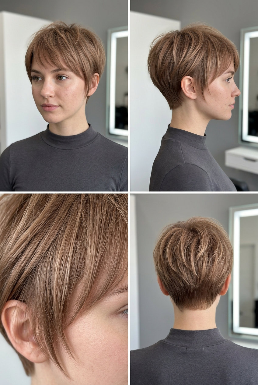 short razored pixie spiced chai auburn with feathered side-swept bangs and textured layers for casual outings