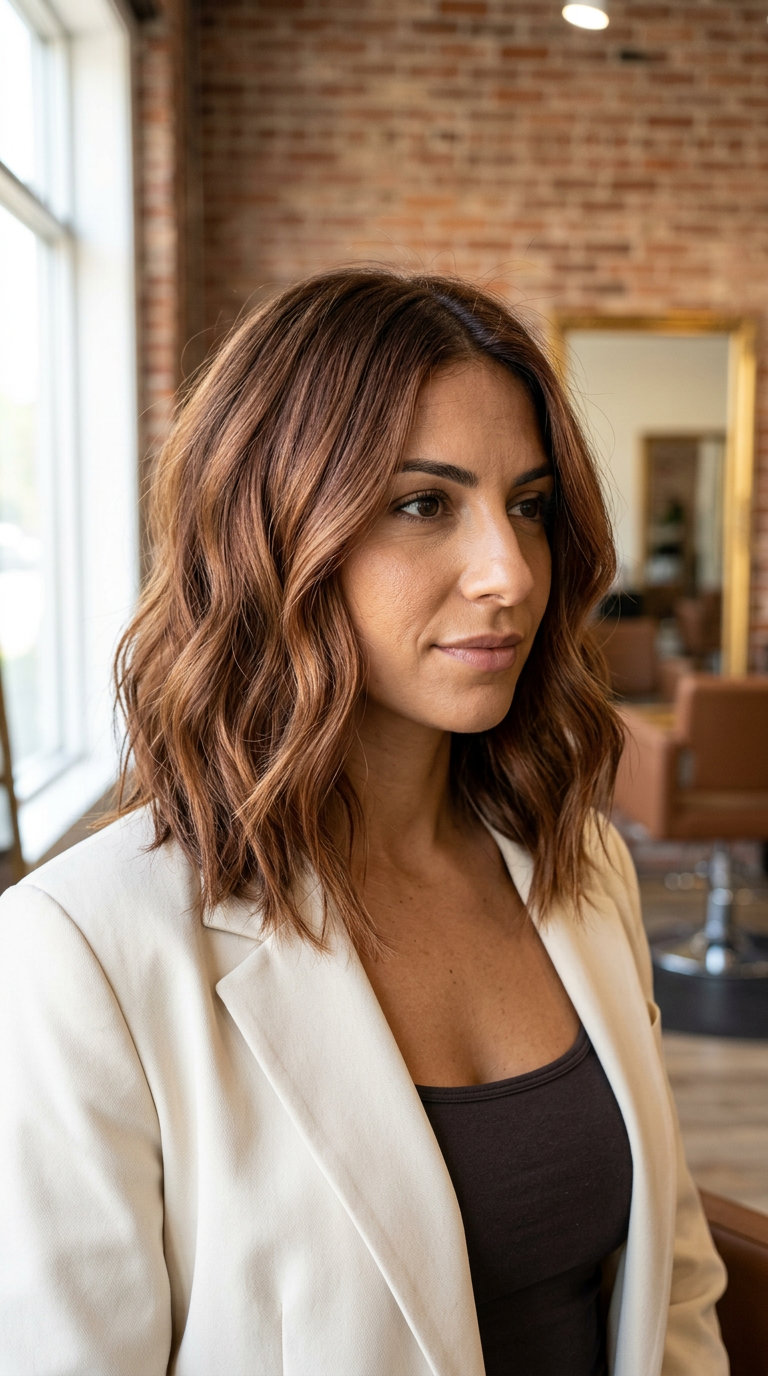 shoulder-length lob spiced chai auburn with beige undertones and point-cut layers for daily wear