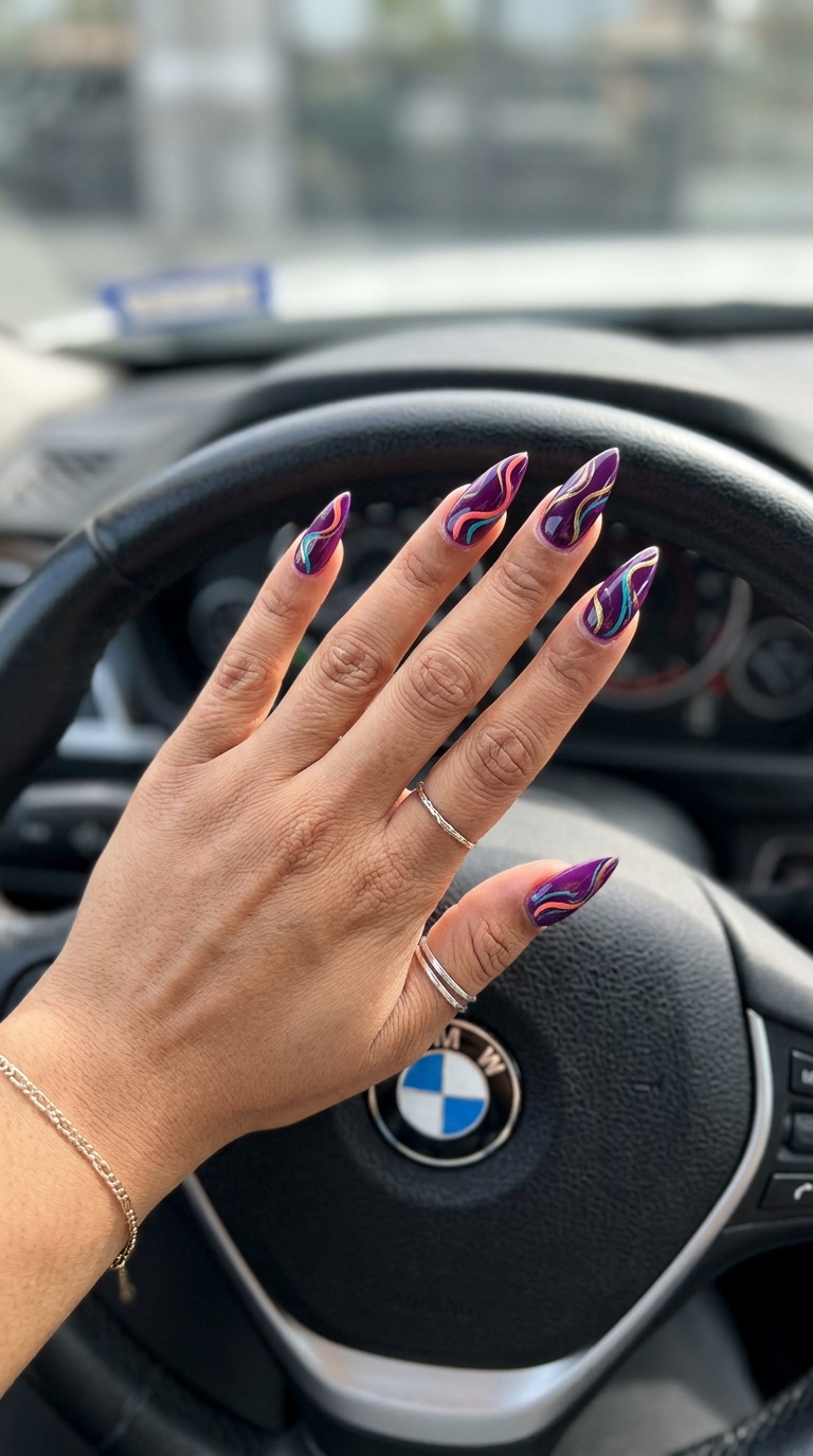 Amethyst stiletto abstract swirl nails for stiletto summer nails 2026. Edgy art for festivals.