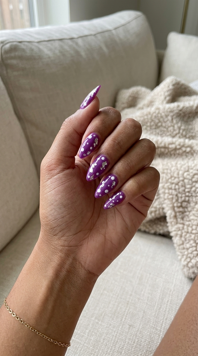 Playful Amethyst Abstract Dotty Stiletto nails for stiletto summer nails 2026. Fun festival look.