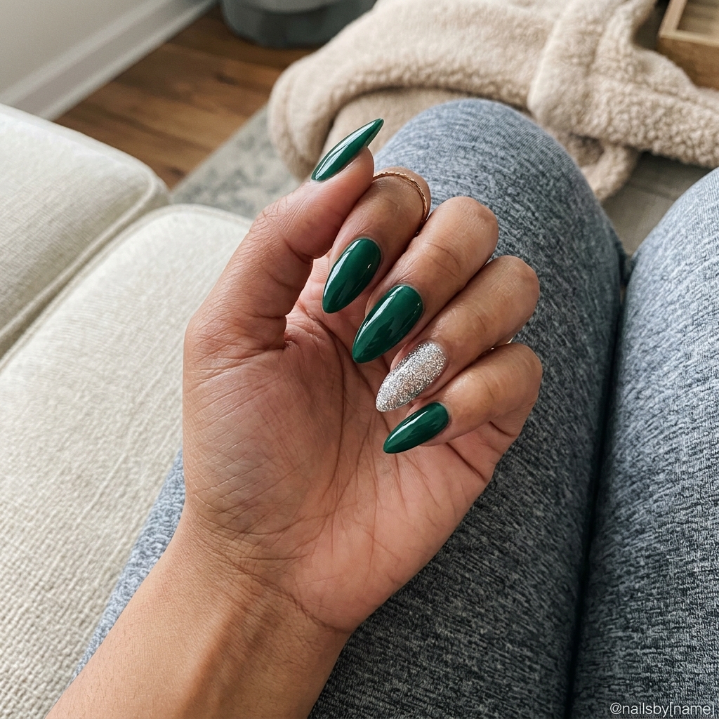 Emerald glitter accent stiletto nails for stiletto summer nails 2026. Glamorous for parties.