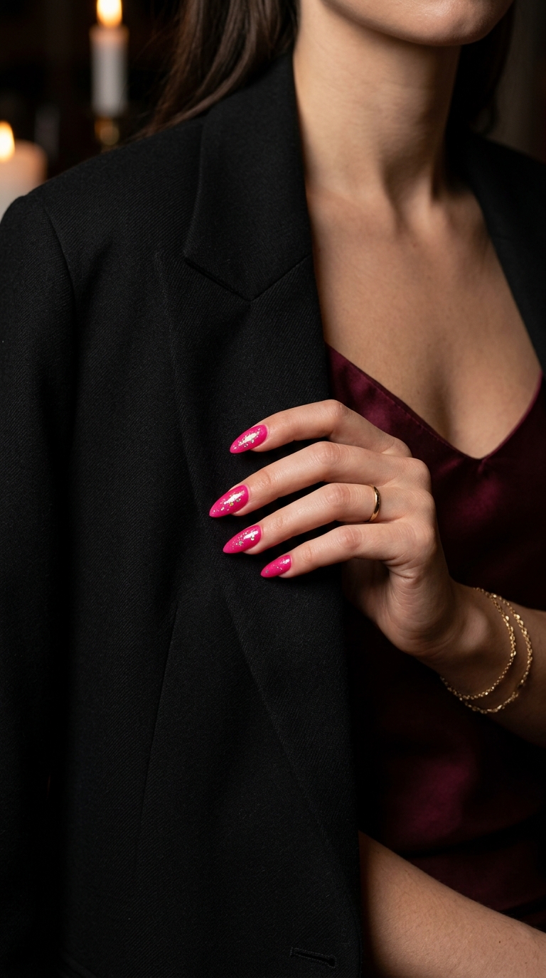 Vibrant Hot Pink Stiletto with Iridescent Foil Flakes for stiletto summer nails 2026. Playful vacation style.