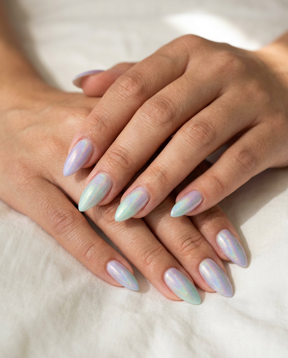 Iridescent pastel stiletto aura nails for stiletto summer nails 2026. Whimsical for events.