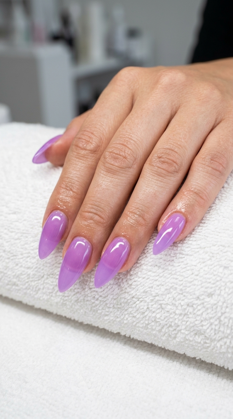 Fresh Pastel Lavender Stiletto Jelly Gloss nails for stiletto summer nails 2026. Whimsical casual look.
