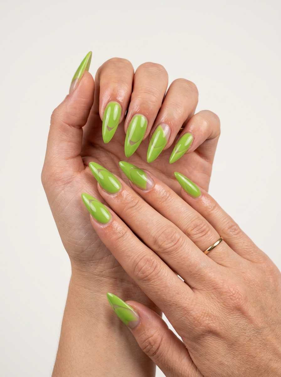 Modern Lime Green Stiletto with Negative Space Geometry for stiletto summer nails 2026. Edgy festival style.