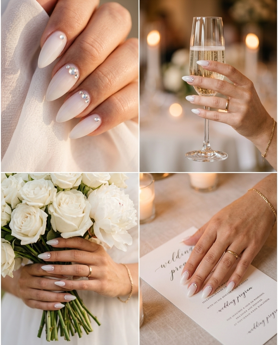 Elegant milky white stiletto summer nails 2026 with scattered clear rhinestones for weddings.