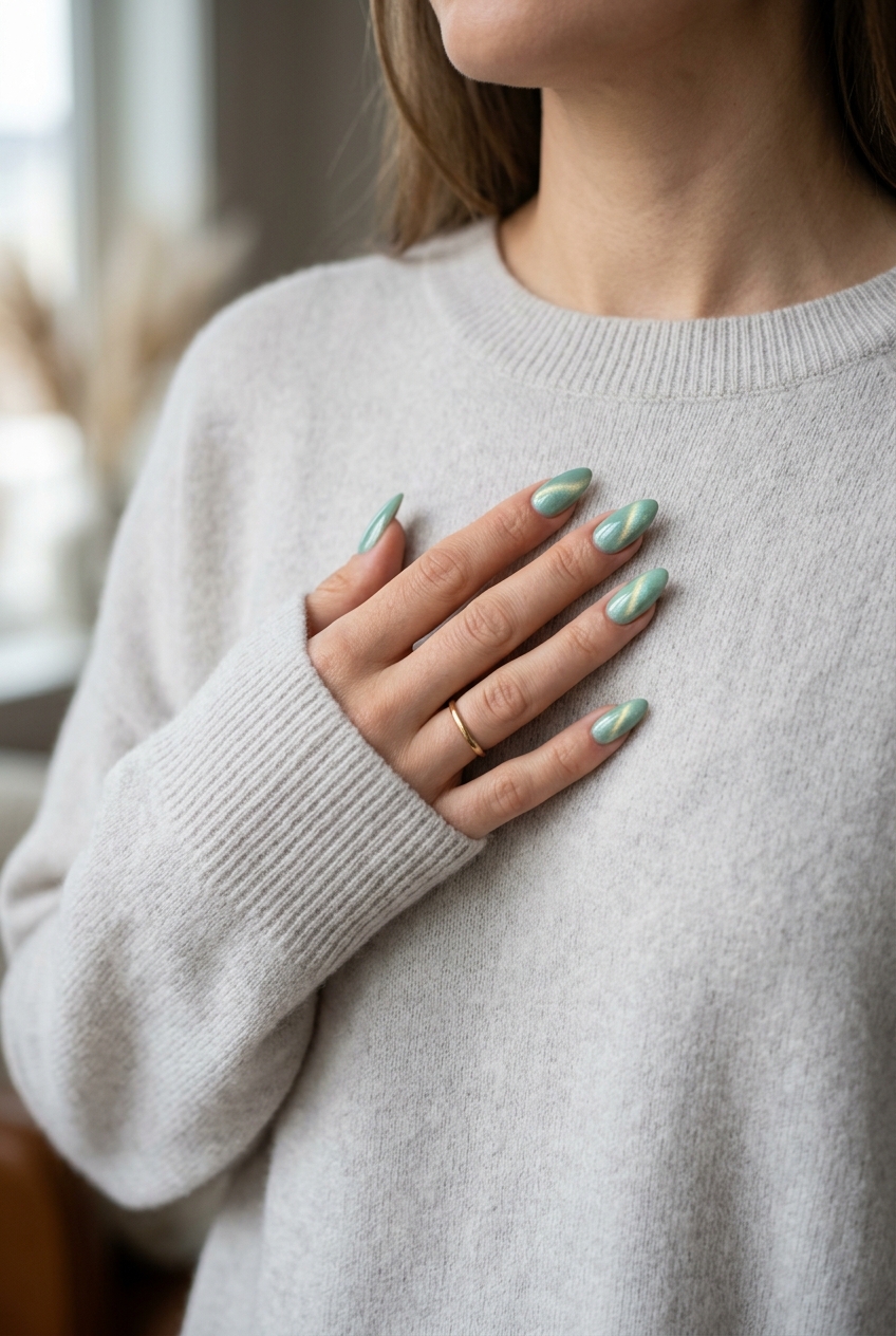 Chic Mint Green Stiletto with shifting Cat-Eye effect for stiletto summer nails 2026. Sultry date night style.