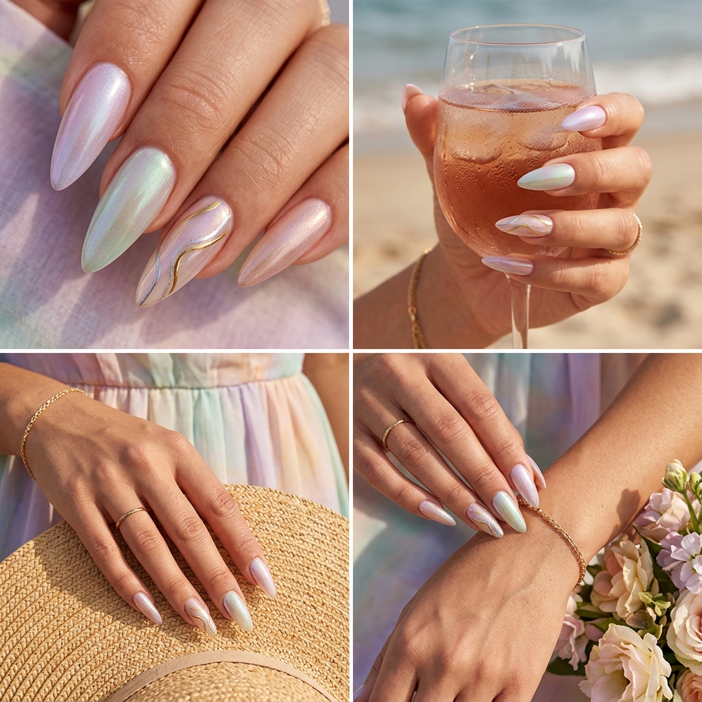 Shimmering pastel stiletto summer nails 2026 with gold and silver abstract lines for weddings.