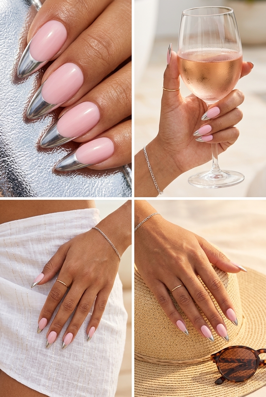 Glamorous soft pink stiletto summer nails 2026 with striking silver chrome French tips.