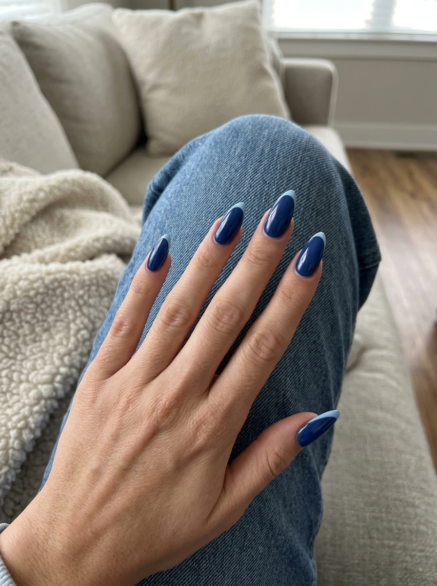 Sapphire Reverse French Stiletto nails for stiletto summer nails 2026. Elegant deep blue and sky blue design.