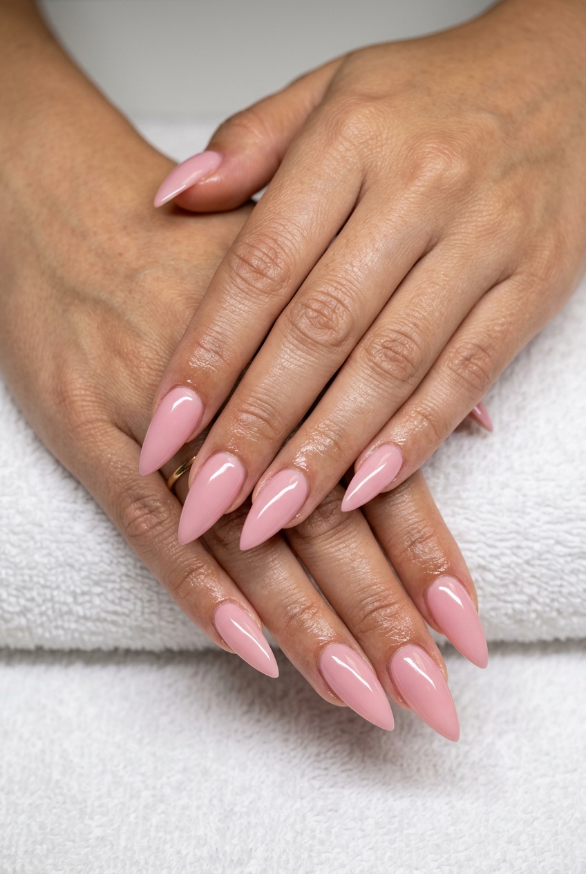 Soft pink glossy stiletto summer nails 2026 for chic daily wear and polished looks.