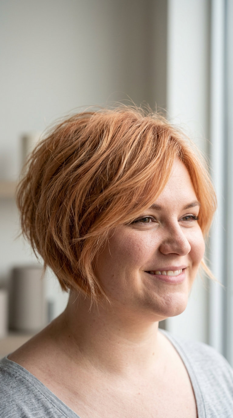 chin-length bixie haircut in soft strawberry blonde with peach fuzz copper, point-cut layers, wispy fringe — playful youthful style