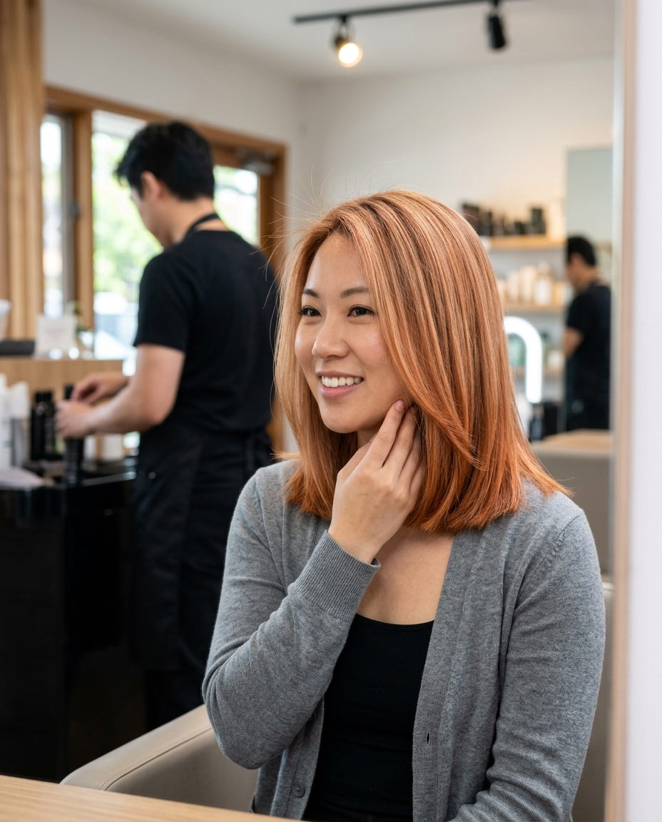 long sweeping layered strawberry blonde copper balayage with honey accents, foilyage for summer festivals