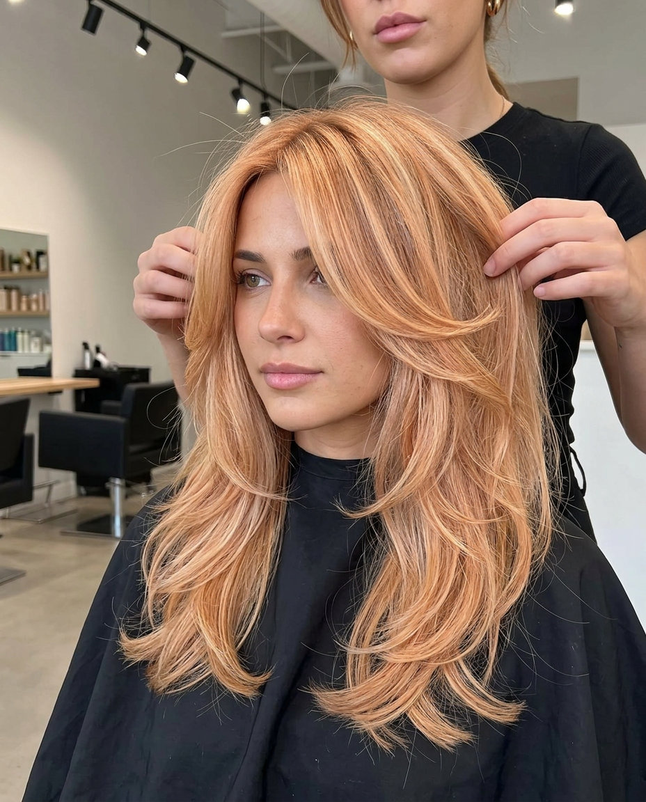 Tousled Strawberry Blonde Butterfly 2026 long strawberry blonde butterfly haircut with copper highlights, soft cascading layers for weekend