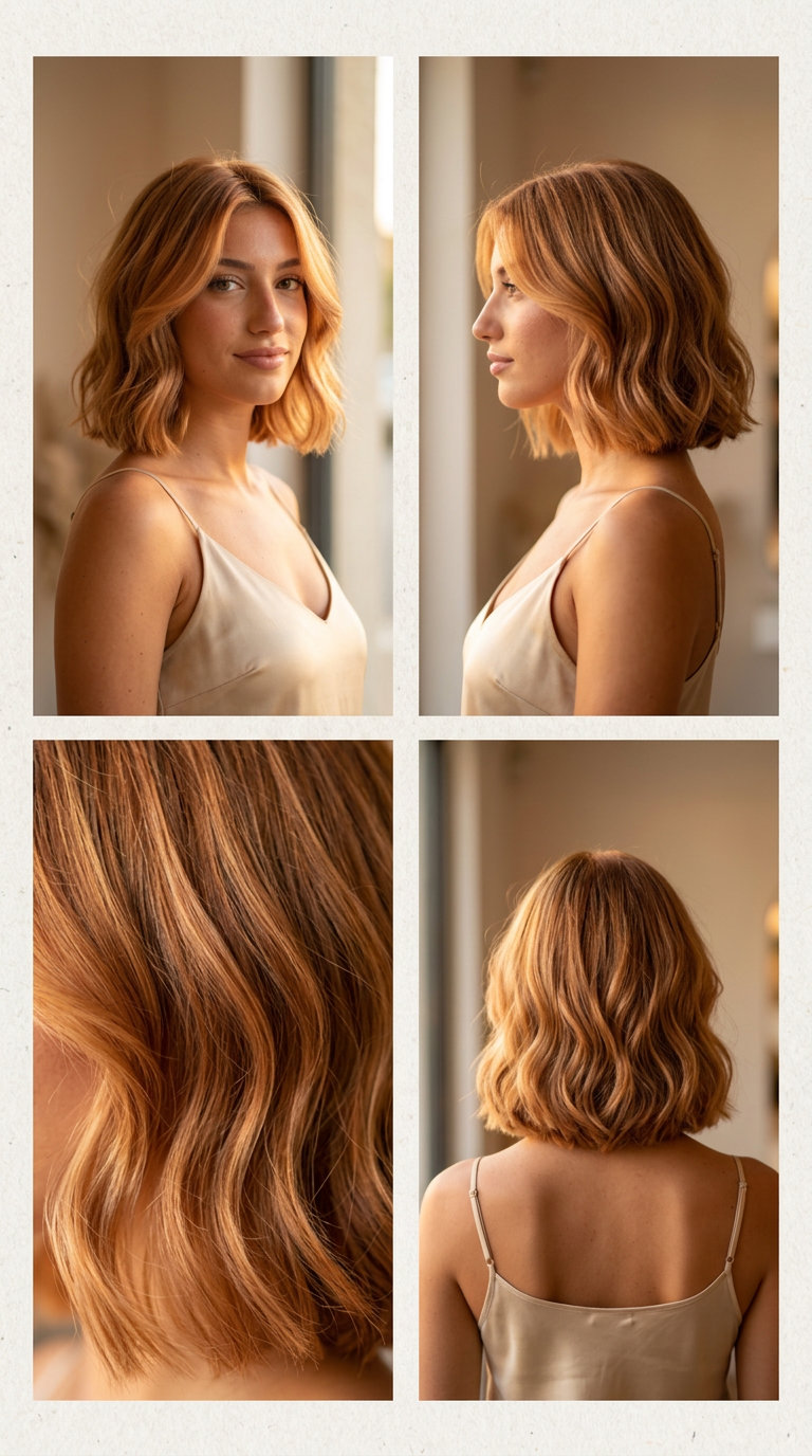 neck-grazing strawberry blonde bob haircut with face-framing layers and soft waves for wedding