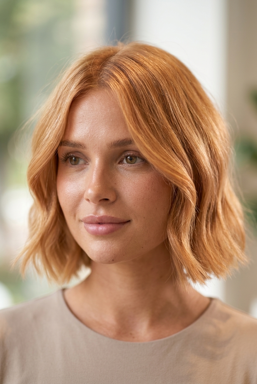 Romantic Strawberry Blonde French Bob 2026 short french bob with strawberry blonde, golden peach micro-highlights, soft bangs for romantic mood