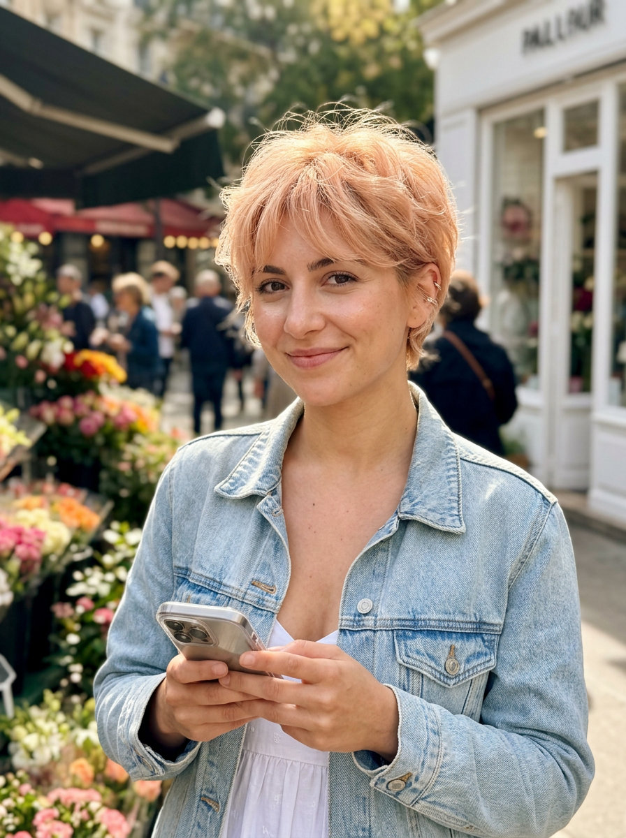 short textured pixie haircut in creamy strawberry blonde with peach fuzz highlights and wispy fringe for playful youthfulness