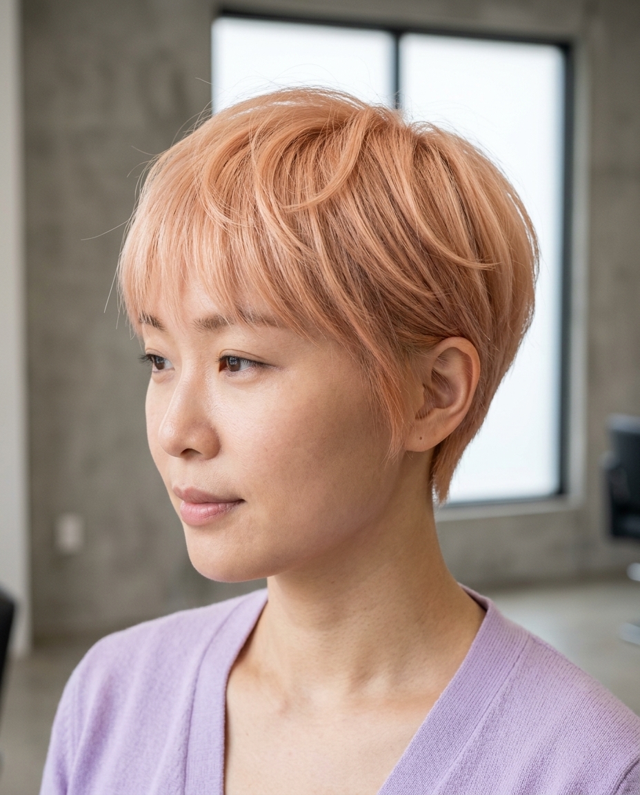 Strawberry Blonde Pixie Haircut 2026 very short strawberry blonde pixie haircut with peach undertones, petal layers, wispy fringe β soft & romantic