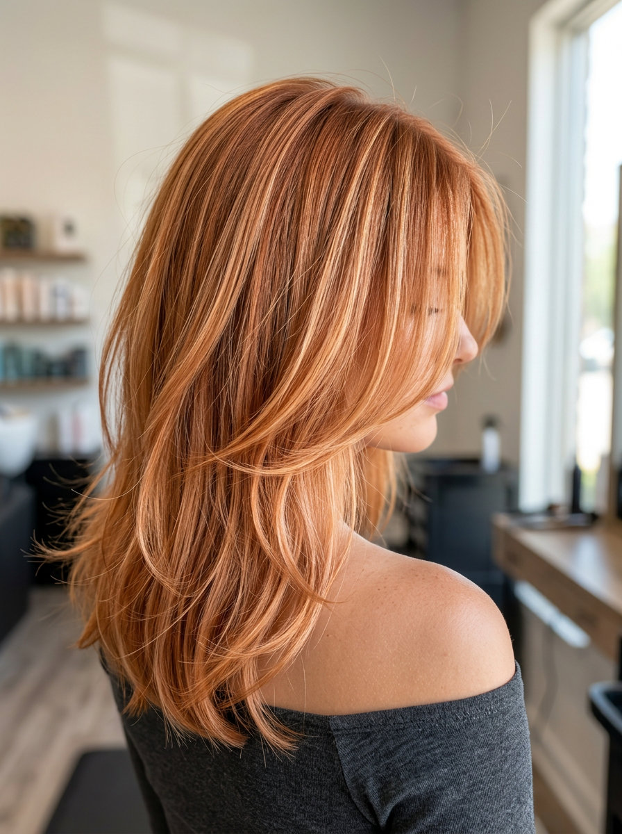 long strawberry copper balayage with golden peach, foilyage technique for date night