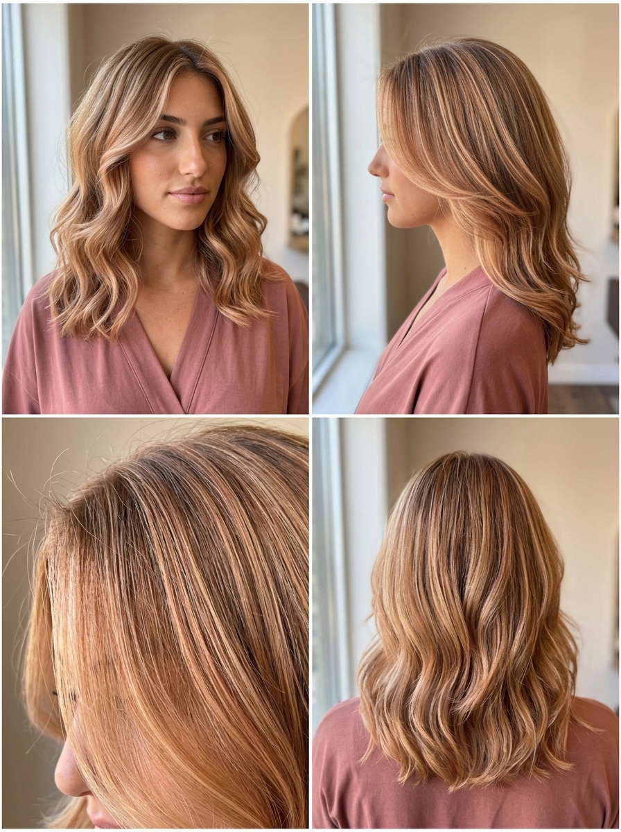 long layered U-cut honey blonde babylights with strawberry rose gold tones for romantic brunch