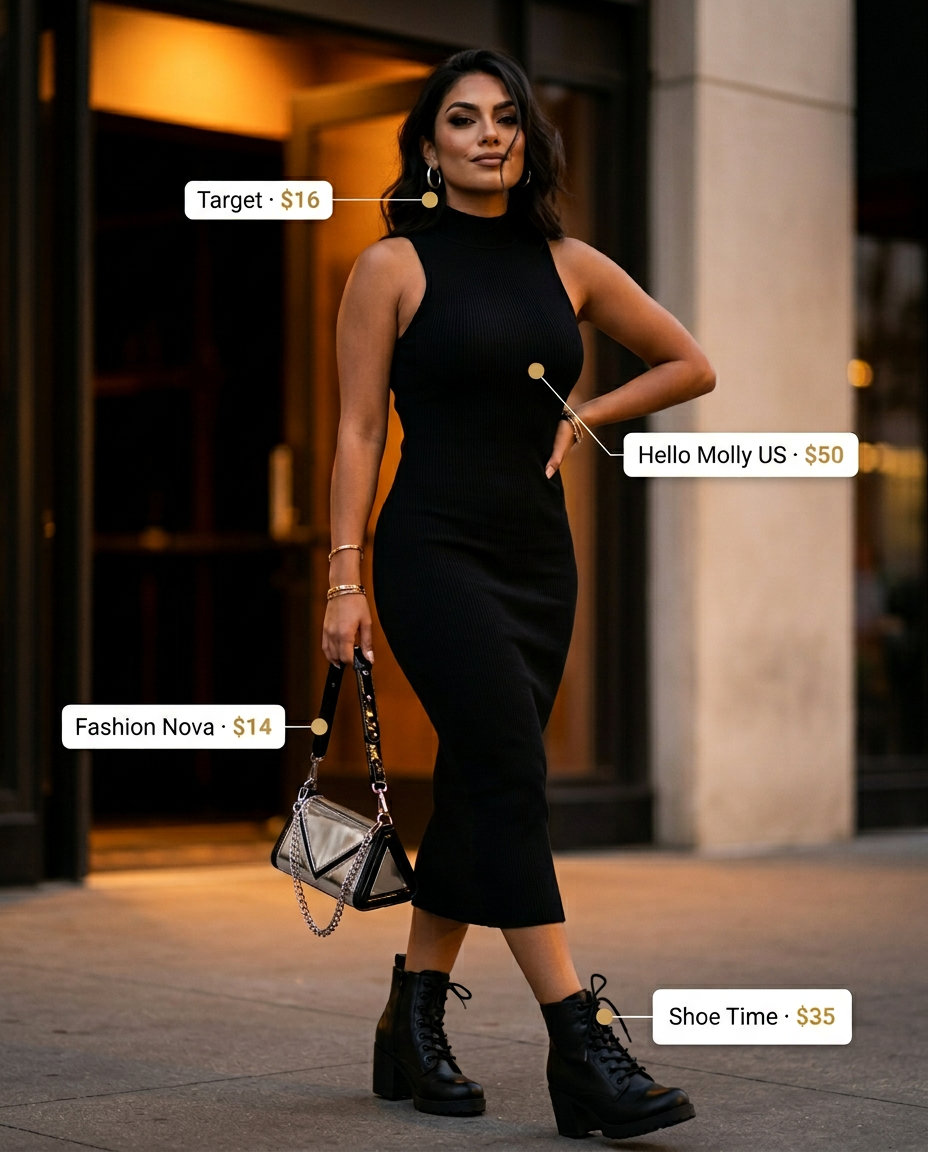 Black bodycon midi dress outfit with combat boots for an edgy night out in 2026.