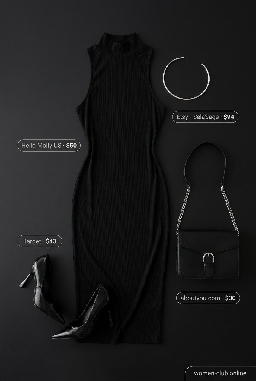 Black bodycon midi dress with silver necklace, pumps, and crossbody bag for business casual events 2026.