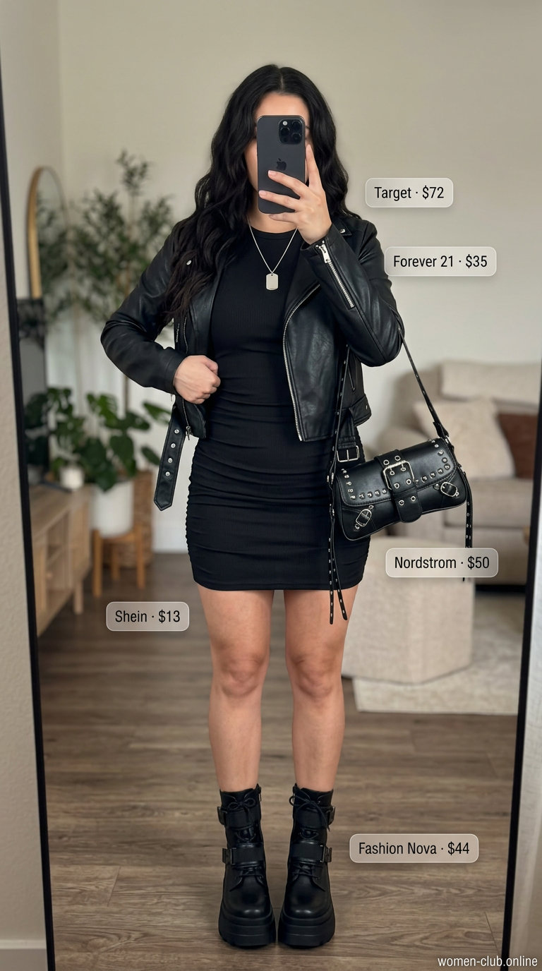 Edgy black bodycon mini dress with combat boots, moto jacket, and silver chain necklace for night outs 2026.