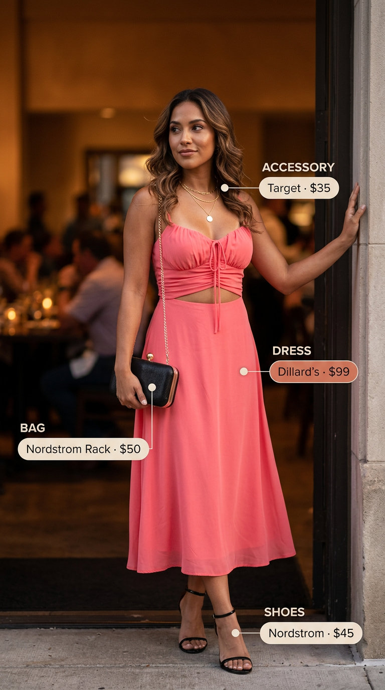Coral bodycon midi dress outfit for a sophisticated date night or summer cocktail hour in 2026.