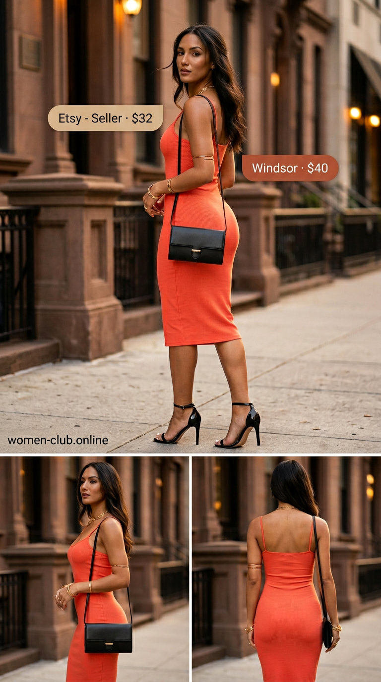 Coral bodycon midi dress with gold necklaces, black heels, and clutch for date night 2026.
