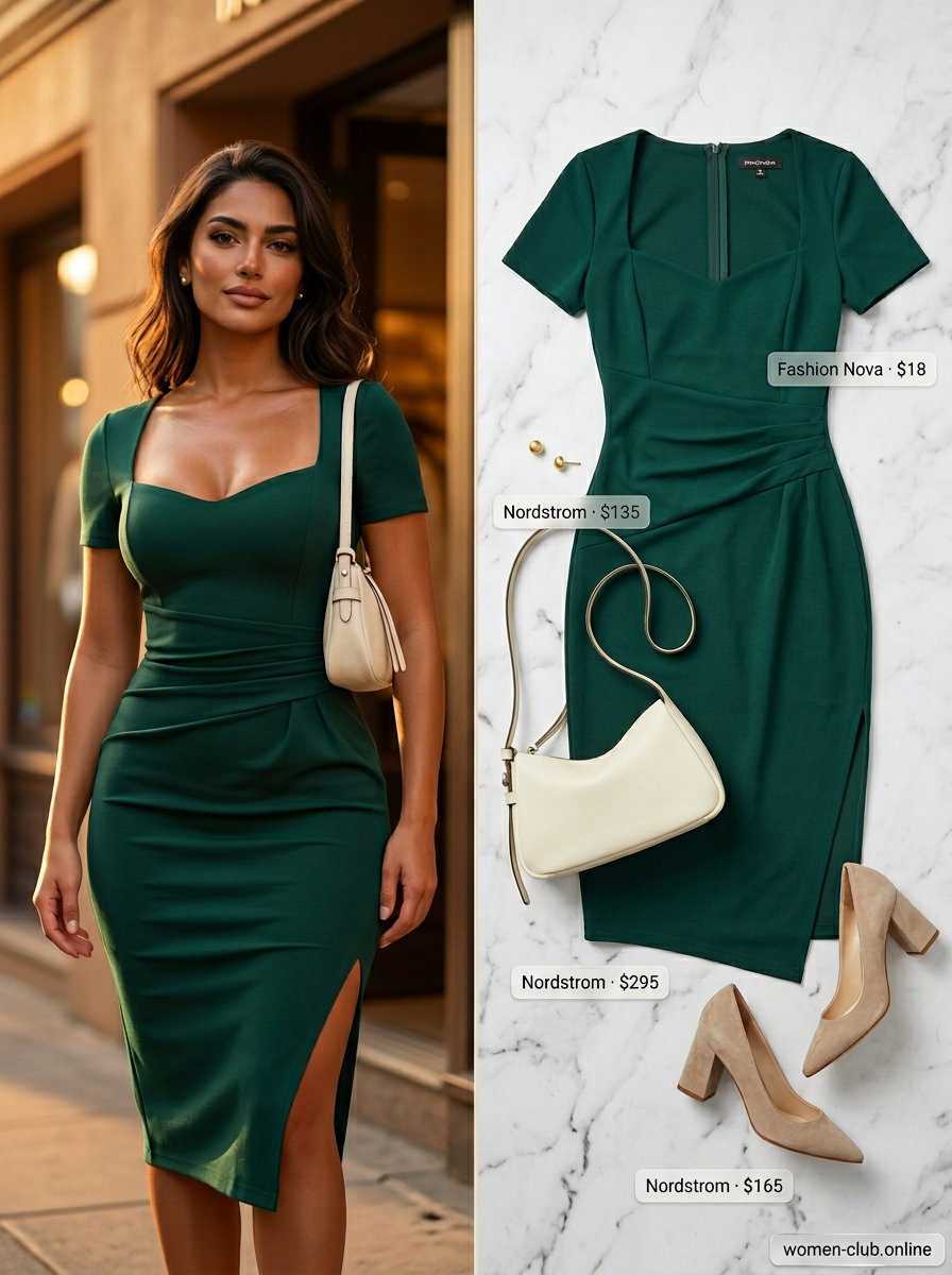 Emerald green bodycon midi dress with nude pumps, beige shoulder bag, and gold studs for work events 2026.
