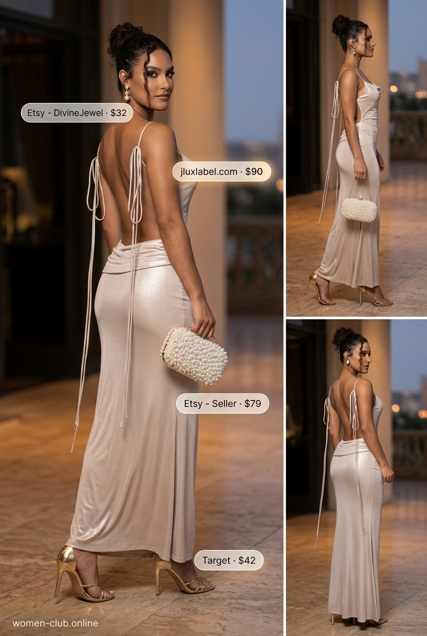 Golden Hour Goddess Summer Bodycon Dress Outfit 2026: Champagne maxi dress, gold heels, statement earrings, and embellished clutch for formal events.
