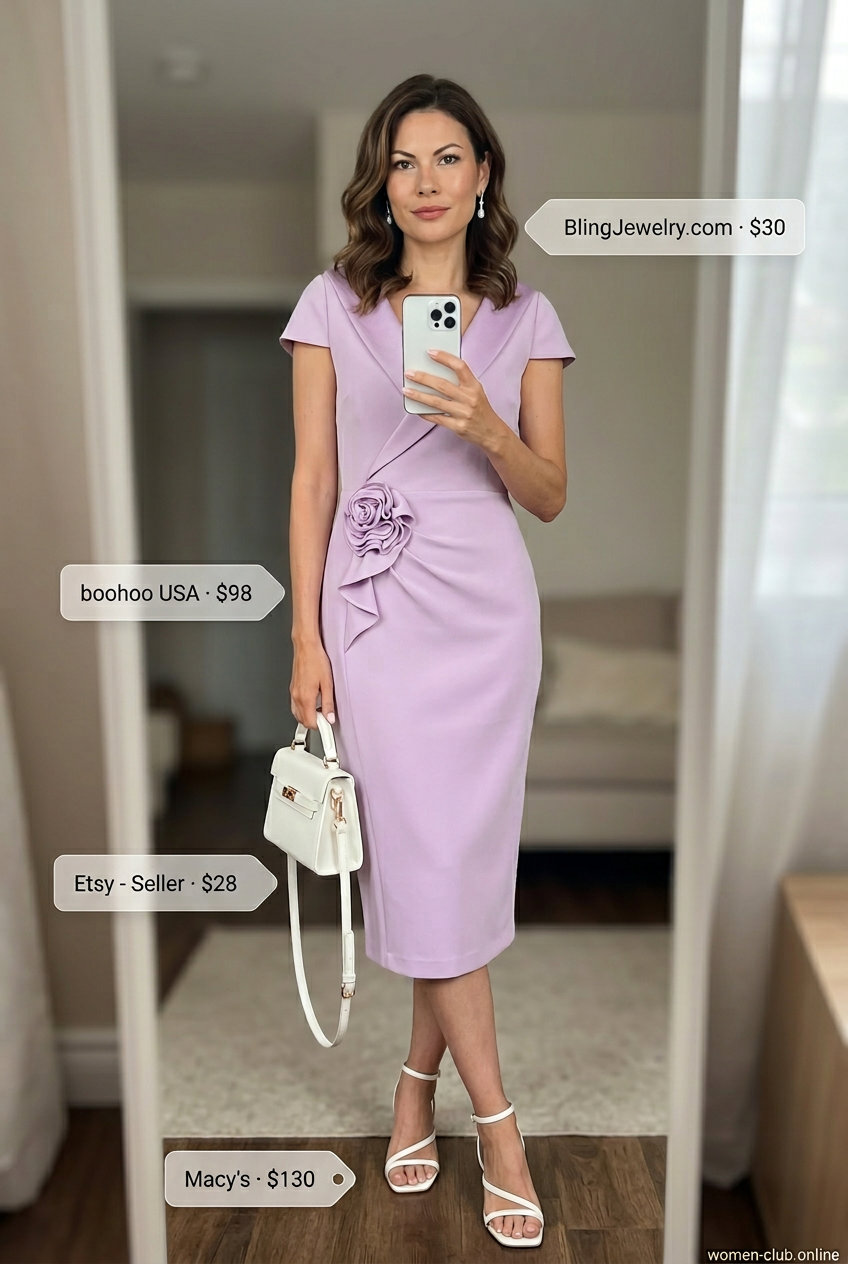 Lilac bodycon midi dress with block heels, mini bag, and pearl drop earrings for wedding guests 2026.