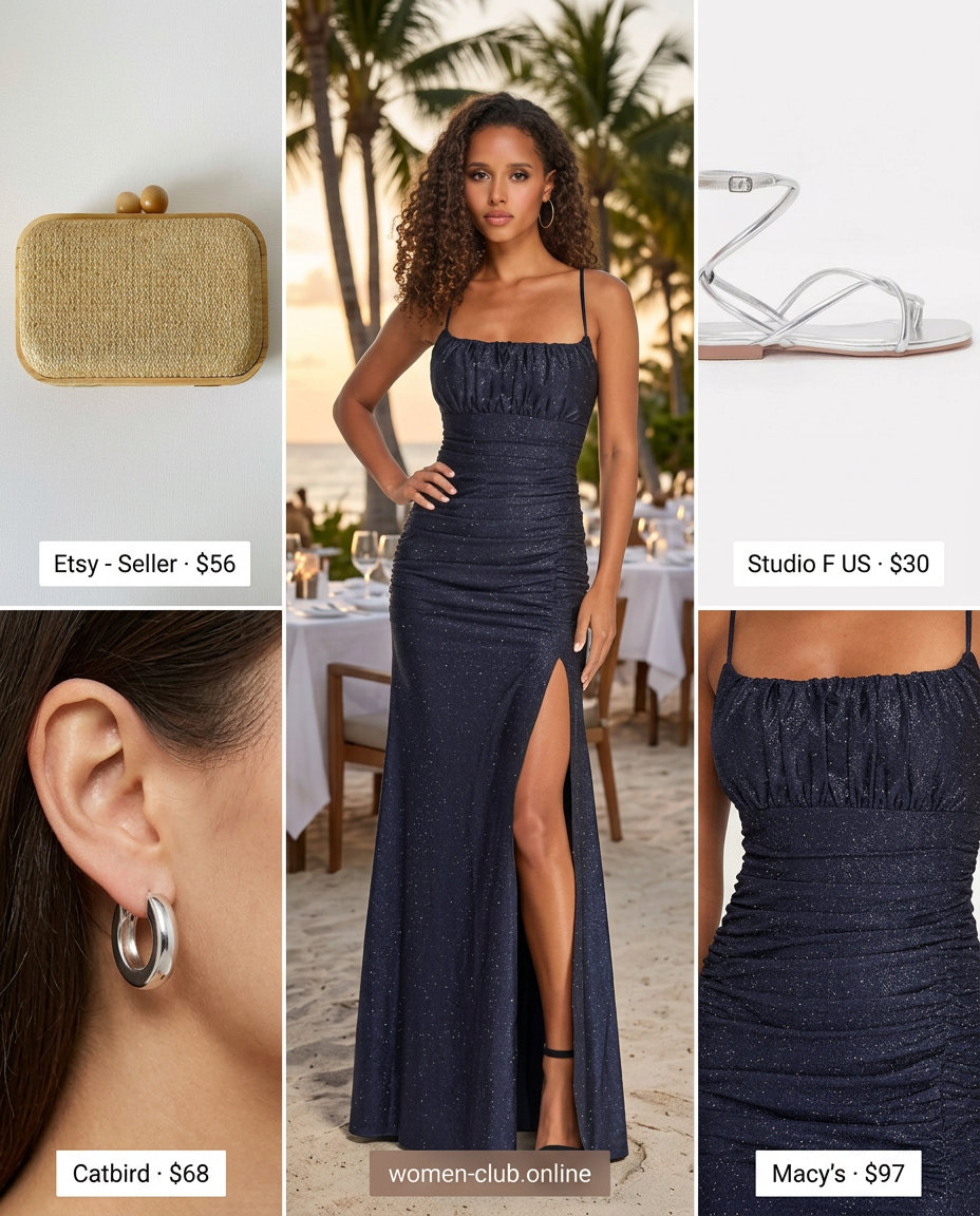 Navy bodycon maxi dress with silver slides, hoop earrings, and straw clutch for beach dinners 2026.