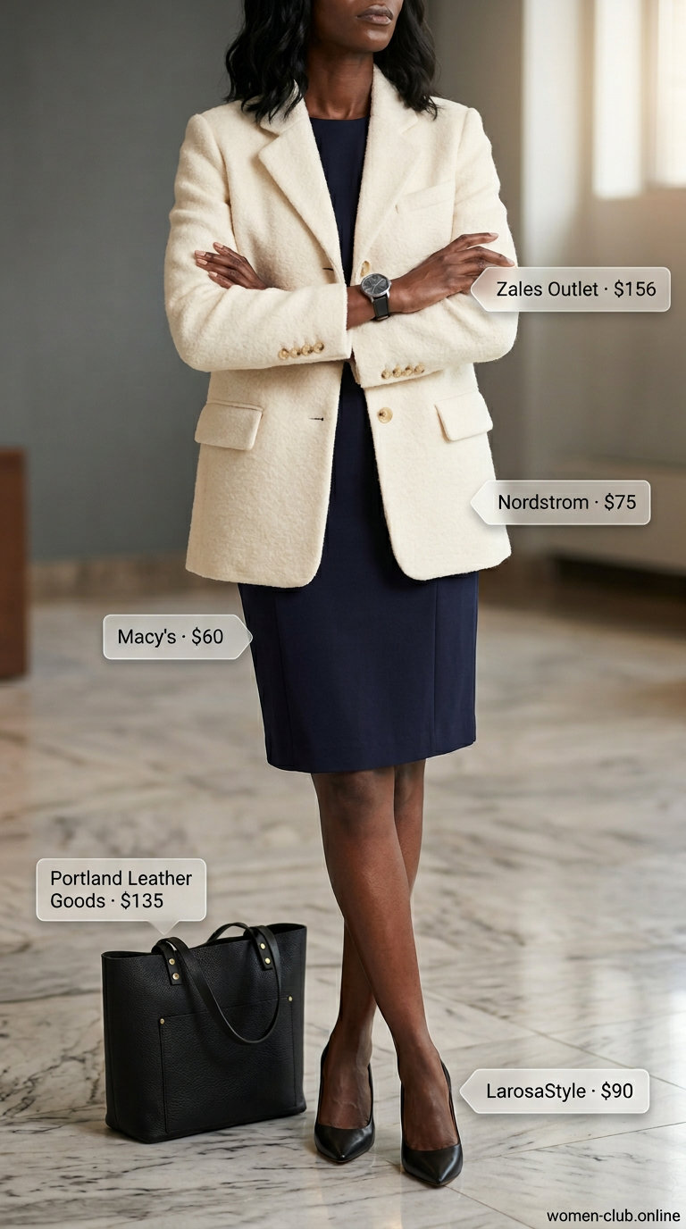 Navy bodycon sheath dress outfit for a professional office or business meeting in 2026.
