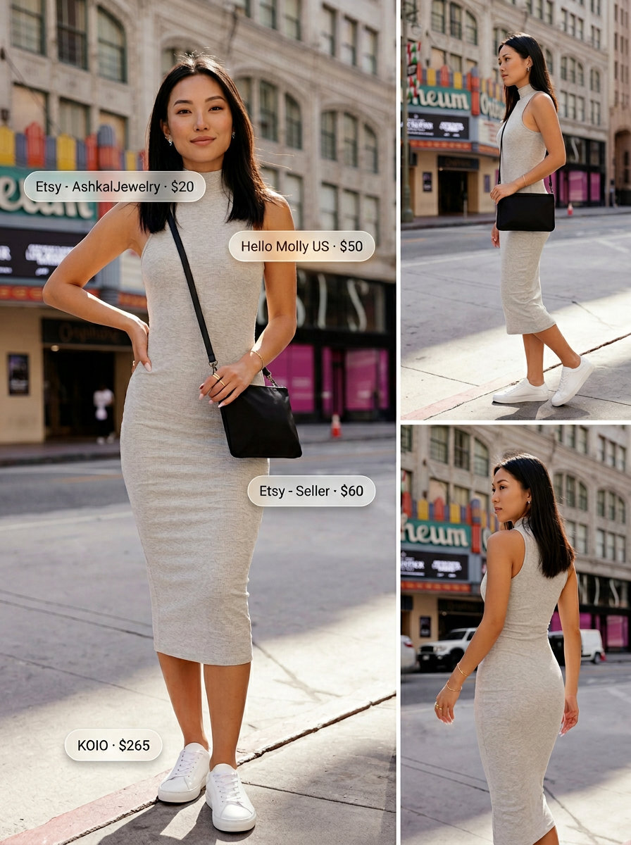 Stone grey bodycon midi dress outfit for minimalist weekend casual wear in 2026.
