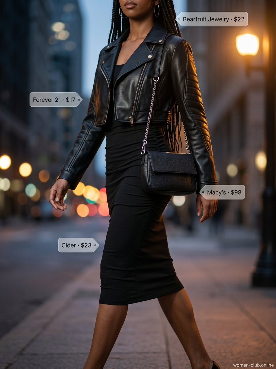 Urban Heatwave Summer Bodycon Dress Outfit 2026: Black moto jacket over square neck dress, combat boots, silver hoops, and chain bag.