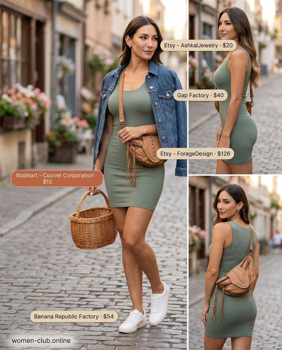 Weekend Brunch Summer Bodycon Dress Outfit 2026: Olive scoop neck mini dress, denim jacket, white sneakers, and belt bag for casual days.